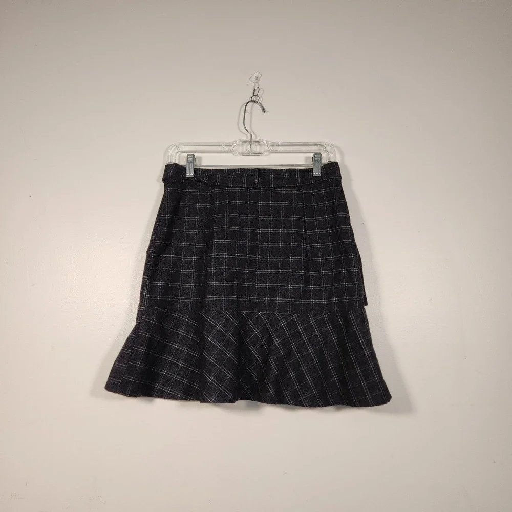 JOA Plaid Mini Skirt Medium Charcoal Blue Ruffle Hem Belted Schoolgirl Preppy